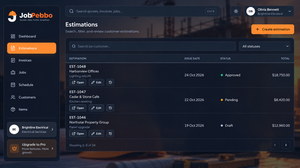 JobPebbo estimates list showing search, status filters and approved, pending and draft estimates